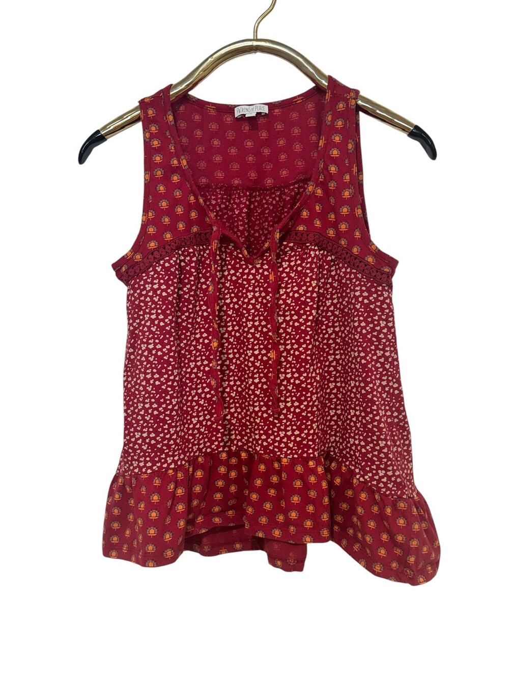 Patrons of Peace Red Floral Ruffle Tank Top Boho L